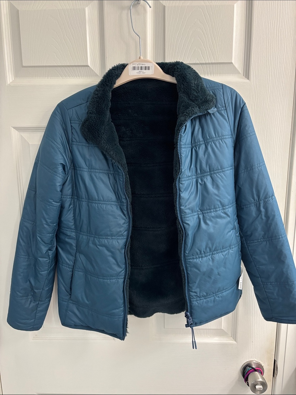 Athleta Teal Quilted Reversible Puffer Jacket with Dark Sherpa Lining